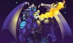  bioluminescence blue_dragon claws dragon fire frills glistening glowing glowing_eyes green_eyes horn luminescence male muscles open_mouth ring saliva solo stars teeth tongue tongue_ring topless wings 