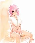  bow_(bhp) breasts medium_breasts naked_shirt original pink_hair purple_eyes shirt sketch solo 