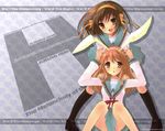  2girls animal_ears blush brown_eyes brown_hair bunnygirl dress long_hair ribbons seifuku skirt socks suzumiya_haruhi suzumiya_haruhi_no_yuutsu 