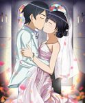  1girl black_hair bridal_veil closed_eyes couple dress edogawakid gokou_ruri good_end hetero highres kiss kousaka_kyousuke long_hair mole mole_under_eye older ore_no_imouto_ga_konna_ni_kawaii_wake_ga_nai short_hair veil watermark wedding wedding_dress 