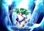  bare_shoulders colored_eyelashes detached_sleeves eyelashes frog glowing gohei green_eyes green_hair hair_ornament highres kochiya_sanae long_hair open_mouth sanagi_(diohazard) scales snake solo touhou 