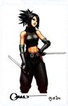  ayame_(tenchu) bad_deviantart_id bad_id bare_shoulders black_eyes black_hair dual_wielding elbow_gloves fingerless_gloves gloves hand_on_hip highres hip_vent holding midriff navel ninja ninjatou omar_dogan shirt signature sleeveless sleeveless_shirt sleeveless_turtleneck solo tenchuu turtleneck weapon 