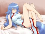  animal_ears bare_shoulders barefoot bed blue_hair blush breasts china_dress chinese_clothes dress embarrassed feet follower_(yagisaka_seto) heterochromia large_breasts legs long_hair lying on_back original solo tail yagisaka_seto 