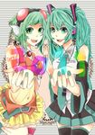  2girls aqua_hair detached_sleeves goggles goggles_on_head green_eyes green_hair gumi hatsune_miku headphones headset long_hair multiple_girls necktie ogakko_(oga_rhythm) short_hair skirt smile symmetrical_hand_pose thighhighs twintails vocaloid zettai_ryouiki 