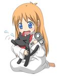  &gt;_&lt; :d animal_ears bad_id bad_pixiv_id barefoot blue_eyes blush cat cat_ears cat_tail closed_eyes flying_sweatdrops hachiya_mei handkerchief labcoat long_hair lowres nichijou open_mouth orange_hair professor_shinonome sakamoto_(nichijou) sitting smile tail winding_key 