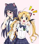  animal_ears antenna_hair aoi_sena bad_id bad_pixiv_id blonde_hair blue_eyes blue_hair blush cat_ears chaos;head hair_ribbon long_hair multiple_girls necktie orihara_kozue ribbon school_uniform skirt twintails yellow_eyes 