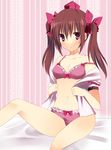  bad_id bad_pixiv_id bare_shoulders bow bra brown_hair collarbone fujishiro_emyu hair_bow hat himekaidou_hatate lingerie navel no_pants off_shoulder open_clothes open_shirt panties polka_dot polka_dot_bra polka_dot_panties purple_eyes shirt sitting solo strap_slip tokin_hat touhou twintails underwear 