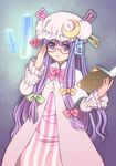  absurdres adjusting_eyewear bespectacled book crescent glasses glyph hat highres kurarin patchouli_knowledge purple_eyes purple_hair solo touhou 