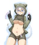  1girl anal_beads blue_eyes blush breasts condom dildo erection esukuaro futanari gloves hood jacket navel nipples open_mouth penis pussy see-through simple_background solo tail uncensored white_hair 