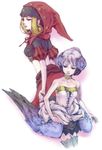  bare_shoulders blonde_hair blue_eyes choker collar collarbone dress gwendolyn hair_bun hood long_hair low_wings midriff multiple_girls odin_sphere puffy_sleeves purple_eyes short_hair short_sleeves siblings silver_hair strapless strapless_dress takamizawa_mayu thighhighs valkyrie velvet_(odin_sphere) wings 