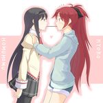  akemi_homura black_hair character_name commentary_request eye_contact food highres long_hair looking_at_another mahou_shoujo_madoka_magica mitakihara_school_uniform multiple_girls pantyhose pocky pocky_kiss ponytail red_hair sakura_kyouko school_uniform shared_food usukoke yuri 