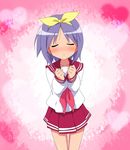  blush closed_eyes highres hiiragi_tsukasa incoming_kiss lucky_star pink_neckwear purple_hair ryouou_school_uniform school_uniform serafuku short_hair solo takeya_yuuki 