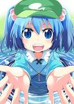  :d blue_eyes blue_hair hair_bobbles hair_ornament hands hat kawashiro_nitori key maturiuta_sorato open_mouth outstretched_arms outstretched_hand reaching short_hair smile solo touhou two_side_up wading water wet 