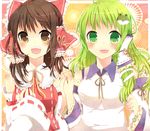  ao_ringo bad_id bad_pixiv_id brown_eyes brown_hair green_eyes green_hair hakurei_reimu holding_hands kochiya_sanae multiple_girls touhou 