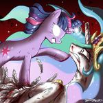  armor awesome blood crown epic equine feathers female friendship_failure friendship_is_magic glowing_eyes horns horse my_little_pony pain pony princess_celestia_(mlp) rainbow_hair regicide slasher_smile twilight_sparkle_(mlp) two_tone_hair 