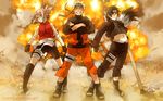  1girl 2boys black_hair blonde_hair blue_eyes crossed_arms explosion forehead_protector green_eyes grin haruno_sakura midriff multiple_boys naruto naruto_shippuuden pink_hair sai short_hair shuriken_(artist) smile standing team7 toes trio uzumaki_naruto 