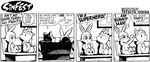  black_and_white comic costume dialog dialogue eyewear fursuit hoodie lagomorph mammal monochrome pig porcine rabbit sinfest slick_(sinfest) squigley_(sinfest) sunglasses superhero tatsuya_ishida text webcomic 