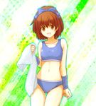  :d arle_nadja arm_warmers bad_id bad_pixiv_id bikini brown_eyes brown_hair madou_monogatari navel open_mouth ponytail puyopuyo short_hair smile solo sports_bikini swimsuit thigh_gap towel yomogi_komegura 