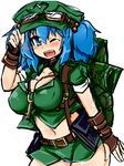  alternate_costume backpack bag belt blue_eyes blue_hair blush breasts cleavage fingerless_gloves gloves goggles goggles_on_head hair_bobbles hair_ornament heart kawashiro_nitori key large_breasts midriff navel okiraku_nikku one_eye_closed open_mouth short_hair sleeves_rolled_up solo touhou two_side_up 