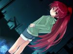  bad_id bad_pixiv_id boots food jacket jewelry long_hair mahou_shoujo_madoka_magica masamuuu pocky ponytail red_eyes red_hair ring sakura_kyouko shorts solo 