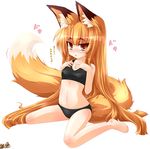  animal_ear_fluff animal_ears barefoot black_panties blonde_hair blush brown_eyes eyebrows flat_chest fox_tail hands_on_own_chest kazami_karasu long_hair navel original panties simple_background sitting solo sports_bra tail thick_eyebrows translated tsurime underwear underwear_only very_long_hair wariza white_background 