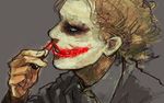 bad_id bad_pixiv_id batman_(series) clown curly_hair dc_comics eyeshadow face formal glasgow_smile hands lips lipstick makeup male_focus necktie open_mouth scar sketch solo suit the_dark_knight the_joker wai_(chaos) 