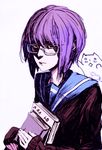  arsenixc bangs book glasses highres kita_high_school_uniform nagato_yuki purple_hair school_uniform serafuku short_hair sketch sleeves_past_wrists solo suzumiya_haruhi_no_shoushitsu suzumiya_haruhi_no_yuuutsu yellow_eyes 