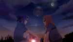  1boy 1girl blue_hair forehead_protector glasses karin_(naruto) lens_flare male moon n_y naruto naruto_shippuuden red_hair scroll sitting sky sunset taiyo uchiha_sasuke 