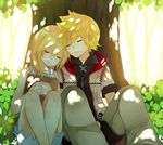  1girl against_tree artist_request bare_shoulders blonde_hair closed_eyes couple dappled_sunlight dress head_rest hetero kingdom_hearts kingdom_hearts_ii long_hair namine roxas short_hair sitting sketchbook sleeping sleeveless sunlight tree wristband 