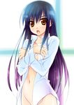  black_hair bottomless dress_shirt kotegawa_yui long_hair minase_(dragon_panda) navel open_clothes open_mouth open_shirt shirt solo to_love-ru 