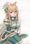  ahoge animal_ears armor bad_id bad_pixiv_id blonde_hair cat_ears cat_tail collar emil_chronicle_online green_eyes joshua_(eco) long_hair male_focus otoko_no_ko seiza simple_background sitting solo tail wanko_(takohati8) wings 