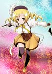  blonde_hair boots breasts drill_hair fingerless_gloves gloves gun hat hiyosan large_breasts magical_girl magical_musket mahou_shoujo_madoka_magica pleated_skirt rifle short_hair skirt smile solo striped striped_legwear thighhighs tomoe_mami twin_drills twintails vertical-striped_legwear vertical_stripes weapon yellow_eyes zettai_ryouiki 