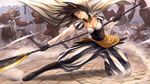  action animal_ears armor battle black_hair boots breasts cape cleavage glaive gloves karindi_(pixiv_fantasia) large_breasts long_sleeves noba pixiv_fantasia pixiv_fantasia_5 polearm solo weapon 