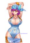  armpits arms_behind_head bandana blush breasts cleavage collarbone ge_xi highres huge_breasts nipples one-piece_swimsuit original purple_hair see-through short_hair shorts shorts_pull simple_background solo swimsuit watermark web_address wet white_swimsuit wristband yellow_eyes 