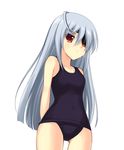  ash_(pixiv) eyepatch infinite_stratos laura_bodewig long_hair one-piece_swimsuit red_eyes school_swimsuit silver_hair solo swimsuit thigh_gap 