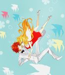  1girl blonde_hair brief_(psg) bubble couple curly_hair dress fish flower formal freckles hetero high_heels kite-mitiko long_hair panty_&amp;_stocking_with_garterbelt panty_(psg) pearl red_dress red_hair shoes short_hair suit wings 