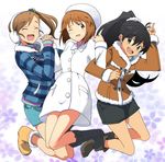  black_hair blue_eyes boots brown_eyes brown_hair closed_eyes coat futami_mami ganaha_hibiki hagiwara_yukiho hat idolmaster idolmaster_(classic) idolmaster_2 jacket jumping long_hair multiple_girls ponytail seven_(harida) short_hair side_ponytail winter_clothes 