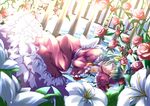  alternate_costume bad_id bad_pixiv_id closed_eyes dress flower frilled_dress frills fuupu green_hair hair_flower hair_ornament highres kazami_yuuka lily_(flower) lying on_side plant red_flower red_rose rose short_hair sleeping solo thorns touhou vines 