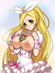  blonde_hair bow breasts cure_rhythm duplicate earrings green_eyes hair_bow hisahiko jewelry large_breasts long_hair magical_girl minamino_kanade necklace nipples open_clothes open_shirt precure shirt suite_precure 