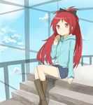  boots bow erubo food hair_bow long_hair mahou_shoujo_madoka_magica ponytail red_eyes red_hair sakura_kyouko sitting sitting_on_stairs solo stairs taiyaki wagashi 