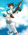  animal_ears ass blue_eyes cloud crossover day drum_magazine eva_01 flying gun holding holding_gun holding_weapon ikari_shinji looking_at_viewer machine_gun neon_genesis_evangelion open_clothes open_shirt otoko_no_ko panties parody shirt short_hair striker_unit tail trigger_discipline underwear weapon world_witches_series yagisu 