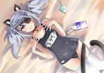  animal_ears bottle cat_ears eyepatch highres infinite_stratos laura_bodewig long_hair milk mouse name_tag one-piece_swimsuit red_eyes s040784 school_swimsuit silver_hair solo swimsuit tail thigh_gap thighhighs toy toy_mouse twintails 