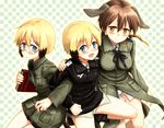  animal_ears blonde_hair blue_eyes blush book boots brown_eyes brown_hair dog_ears erica_hartmann gertrud_barkhorn glasses hand_on_shoulder hug itsuki_kuro locked_arms military military_uniform multicolored_hair multiple_girls open_mouth panties short_hair siblings sisters smile strike_witches tail twins twintails two-tone_hair underwear uniform ursula_hartmann world_witches_series 