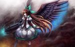  bow brown_hair bryanth cape long_hair ouhou red_eyes reiuji_utsuho weapon wings 