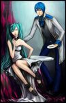  1girl bangs bare_legs bare_shoulders blue_eyes blue_hair cake choker dress food green_eyes green_hair hatsune_miku highres kaito lips long_hair noa_ikeda parted_bangs sitting smile spoon twintails very_long_hair vocaloid 