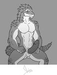  bgn big_penis erection grin looking_at_viewer male muscles nude penis presenting reptile scalie sitting solo spikes spread_legs spreading tail 