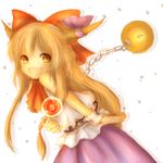  :d amanojaku bad_id bad_pixiv_id belt blonde_hair bow fang hair_bow highres horn_ribbon horns ibuki_suika long_hair open_mouth ribbon shirt sleeveless sleeveless_shirt smile solo touhou upper_body very_long_hair wrist_cuffs yellow_eyes 