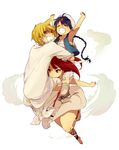  2boys aladdin_(magi) ali_baba_saluja armpits arms_up bad_id bad_pixiv_id barefoot blonde_hair blue_hair braid carrying long_hair magi_the_labyrinth_of_magic morgiana multiple_boys one_side_up open_mouth red_eyes red_hair short_hair single_braid tomo_(sjim) turban yellow_eyes 