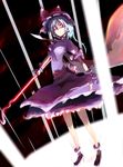  bat_wings blue_hair glowing glowing_eyes hat polearm red_eyes remilia_scarlet short_hair solo spear spear_the_gungnir tatwuku touhou weapon wings 