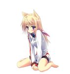  animal_ears bad_id bad_pixiv_id blonde_hair blush charlotte_dunois extra_ears full_body highres infinite_stratos ite_fuji kemonomimi_mode long_hair purple_eyes simple_background solo white_background 